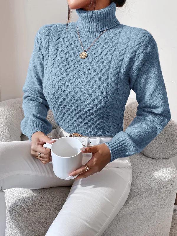 Plus Size Women's Belted Cable Knit SweatersEssnce Turtleneck Cable Knit Sweater