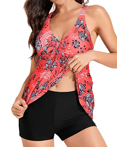 Two Piece Tankini Set Bowknot And High Waisted Boyshort For Women-Red Floral