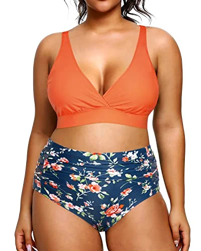 Pool Party Plus Size Bikini High Waisted Bikini Swimsuits For Women-Orange Flowers