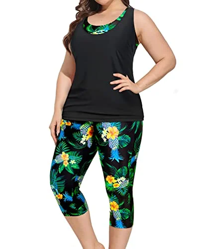 Plus Size Women's 3 Piece Swimsuits Tankini Tops with Swim Capris and Sports Bra