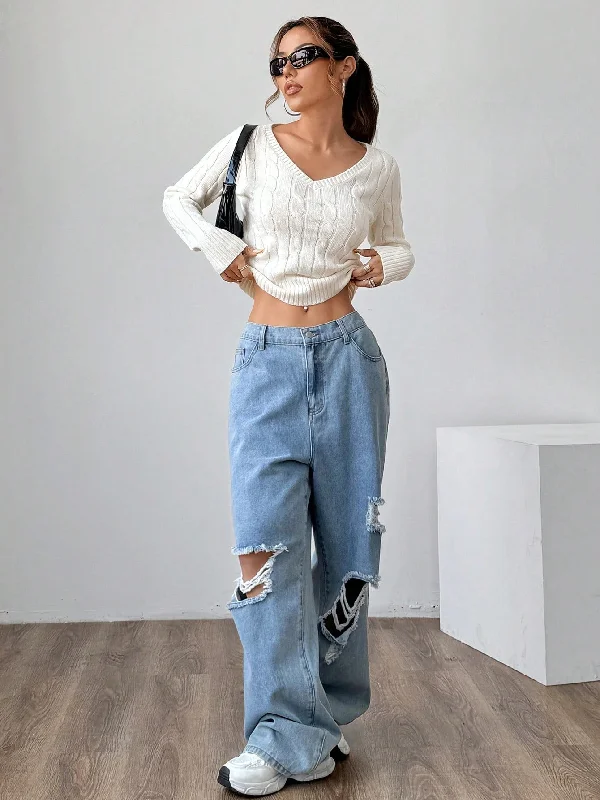 Bell - Sleeve Women's Mohair - Wool Blend SweatersMOOSTA V-Neck Cable Knit Sweater