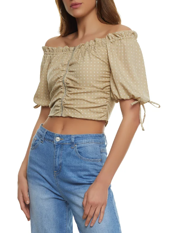 Crochet - Knit Women's Crop Top in Cream for a Bohemian and Artisanal LookPolka Dot Ruched Zip Front Off the Shoulder Top Crochet - Knit Women's Crop Top in Cream for a Bohemian and Artisanal LookPolka Dot Ruched Zip Front Off the Shoulder Top