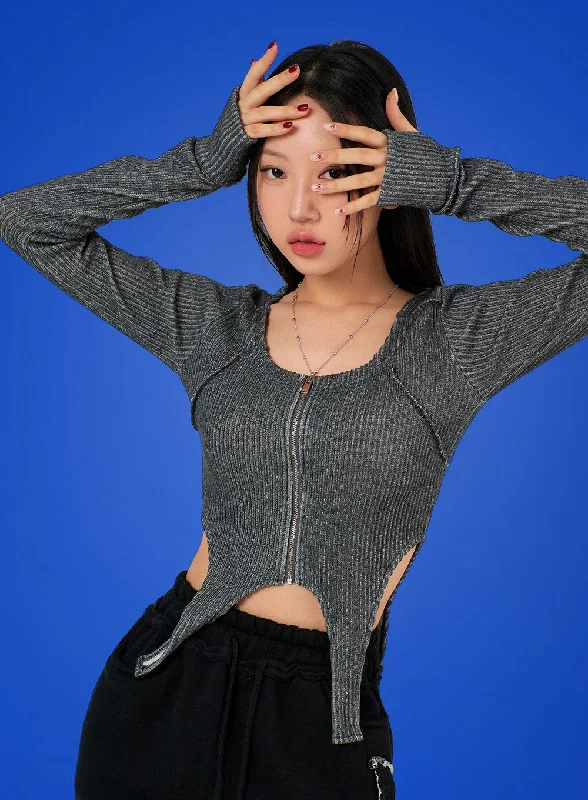 Tie - Front Women's Crop Top in Orange for a Playful and Adjustable FitSolid Wool Blend Zip-Up Crop Top IJ402 Tie - Front Women's Crop Top in Orange for a Playful and Adjustable FitSolid Wool Blend Zip-Up Crop Top IJ402
