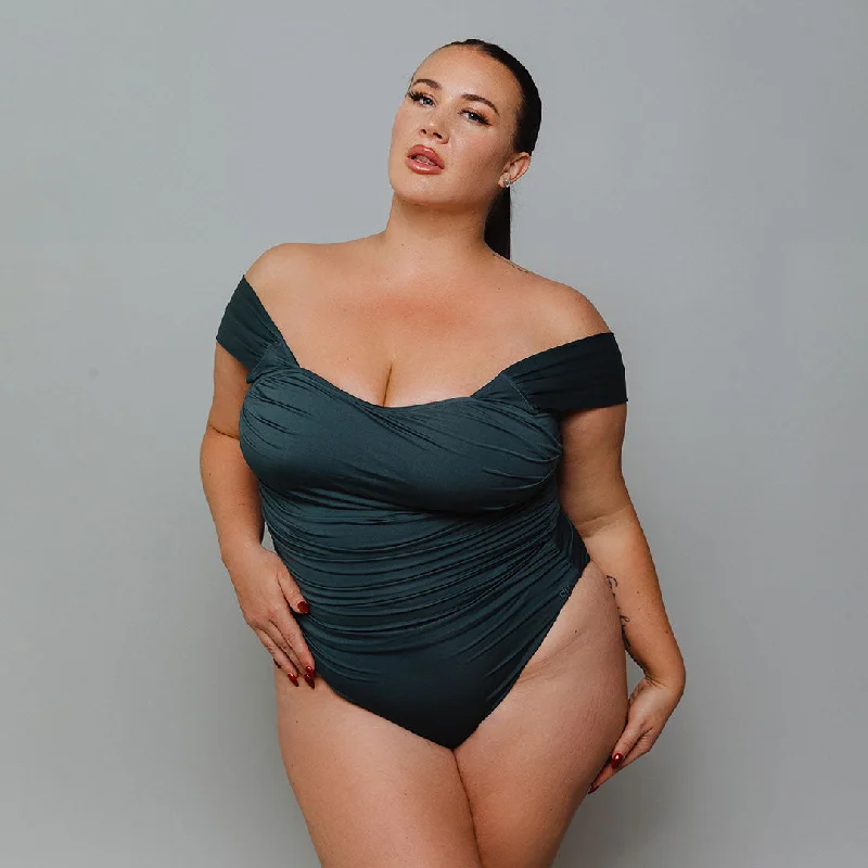 Women's Long - Length One - Pieces in Gray with Asymmetric Hem for a Contemporary and Fashionable LookSteel Blue Off Shoulder One-Piece Women's Long - Length One - Pieces in Gray with Asymmetric Hem for a Contemporary and Fashionable LookSteel Blue Off Shoulder One-Piece