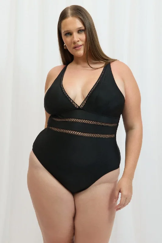 Black Fishnet Detail One Piece Swimsuit