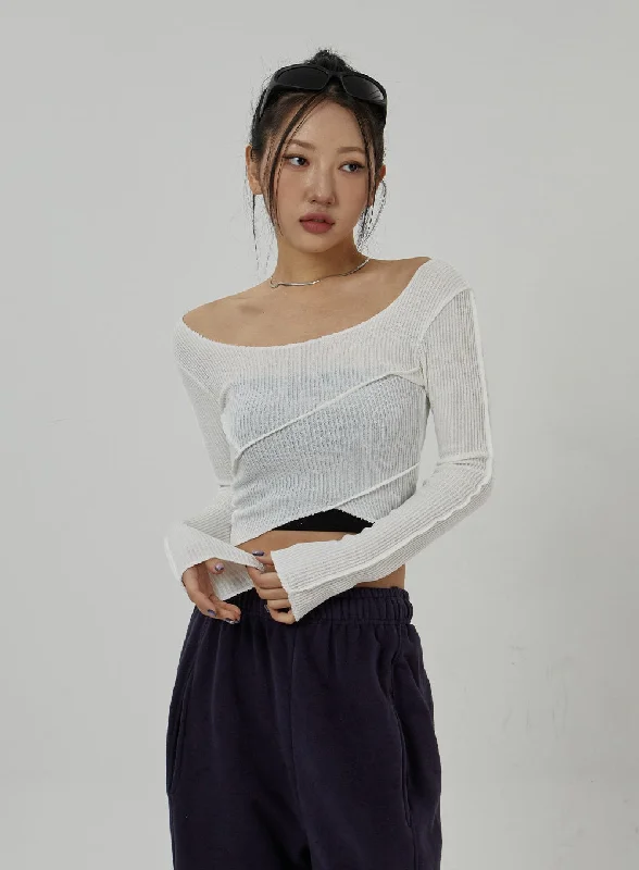 Crochet - Knit Women's Crop Top in Cream for a Bohemian and Artisanal LookOff-Shoulder Mesh Cropped Top CD20 Crochet - Knit Women's Crop Top in Cream for a Bohemian and Artisanal LookOff-Shoulder Mesh Cropped Top CD20