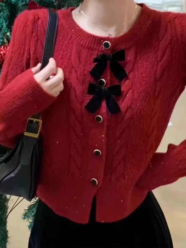 Plus Size Women's Belted Cable Knit SweatersMaya Cute Woolen Sweater with Bow Detail