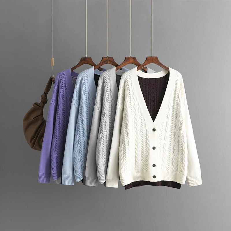 Split - Hem Women's Linen Blend Sweaters for SpringContrast color matching twisted V-neck knitted cardigan outer wear casual sweater jacket for women Split - Hem Women's Linen Blend Sweaters for SpringContrast color matching twisted V-neck knitted cardigan outer wear casual sweater jacket for women