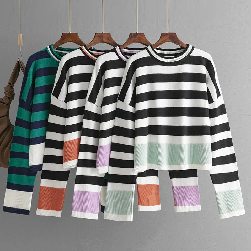 Cropped Women's Angora Blend Sweaters for a Trendy LookWomens sweater cross-border striped long-sleeved round neck knitted sweater tops for women Cropped Women's Angora Blend Sweaters for a Trendy LookWomens sweater cross-border striped long-sleeved round neck knitted sweater tops for women