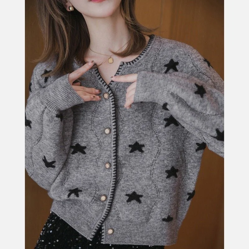 Plus Size Women's Embroidered Sweaters in Ethnic StylesV-neck purple star Korean style knitted cardigan sweater Plus Size Women's Embroidered Sweaters in Ethnic StylesV-neck purple star Korean style knitted cardigan sweater