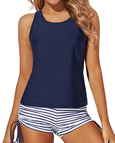 Women's High - Neck Swim Tops in Navy with Zipper for a Sleek and Sporty LookWomen's O-Ring Detail Tankini Swimsuits Boy Shorts And Bra-Blue White Stripe Women's High - Neck Swim Tops in Navy with Zipper for a Sleek and Sporty LookWomen's O-Ring Detail Tankini Swimsuits Boy Shorts And Bra-Blue White Stripe
