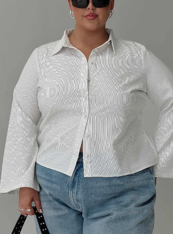 Wrap - Style Women Long Sleeve Top for a Versatile FitAnni Stripe Shirt Pinstripe White Curve Wrap - Style Women Long Sleeve Top for a Versatile FitAnni Stripe Shirt Pinstripe White Curve