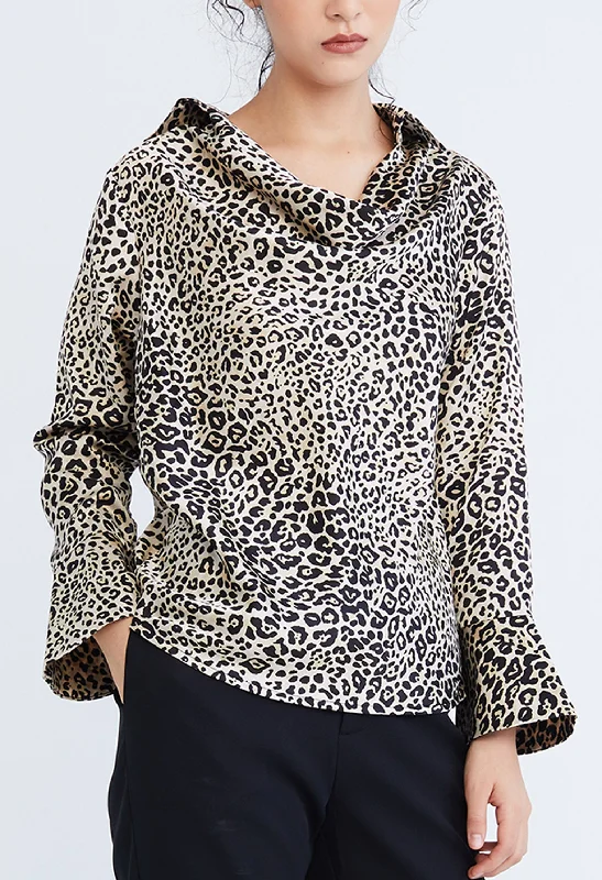 Ribbed Women Long Sleeve Top with a Textured AppealLeopard Spotted Cowl Drop Neckline Blouse Ribbed Women Long Sleeve Top with a Textured AppealLeopard Spotted Cowl Drop Neckline Blouse