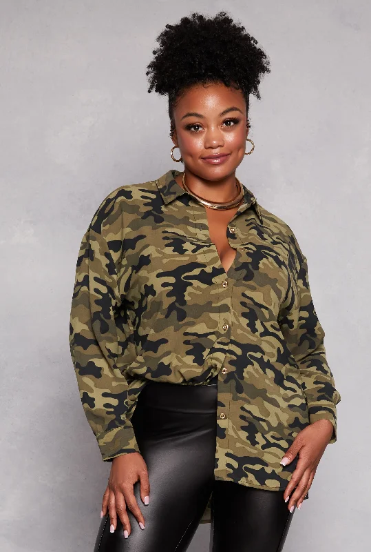 Plus Size Camo Collared Button Front Shirt