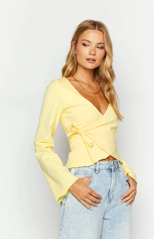 Fantasize Yellow Long Sleeve Front Wrap Top