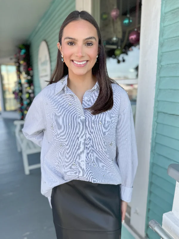 The Princess Rhinestone Collar Top-Black Stripe