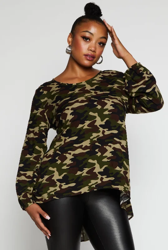 Plus Size Camo Long Sleeve High Low Top