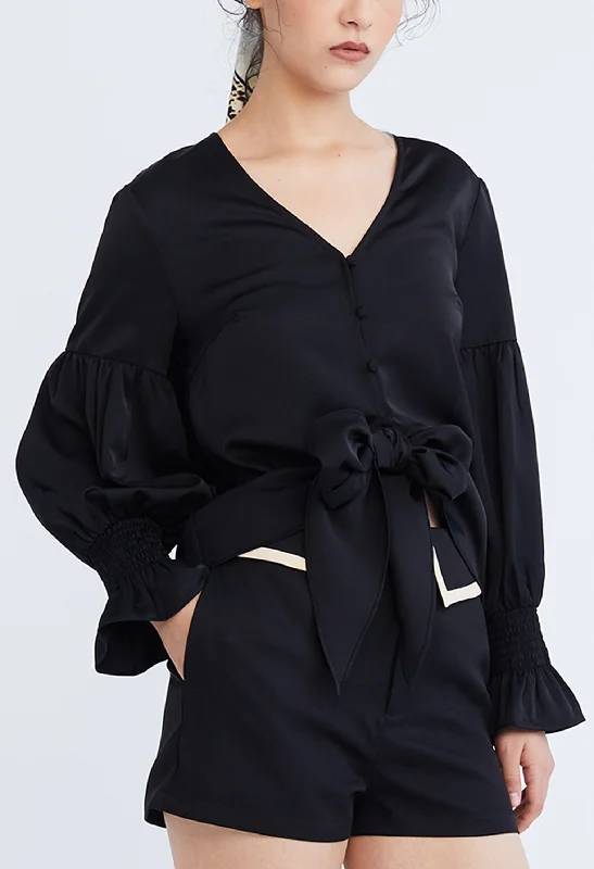 Lace - Trimmed Women Long Sleeve Top for an Elegant LookDainty Elastic Cuff Front Tie Blouse Lace - Trimmed Women Long Sleeve Top for an Elegant LookDainty Elastic Cuff Front Tie Blouse
