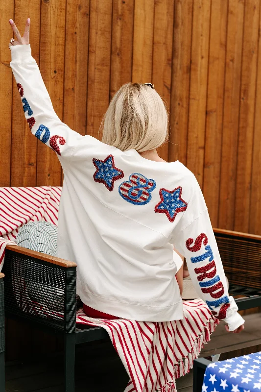 Plus Size Women Long Sleeve Top for a Flattering and Comfortable FitLiving With Liberty Oversized Sequin Graphic Top (White) Plus Size Women Long Sleeve Top for a Flattering and Comfortable FitLiving With Liberty Oversized Sequin Graphic Top (White)