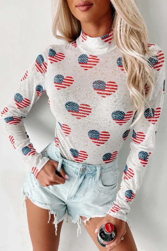 USA All The Way Americana Glitter Mesh Bodysuit (Red/White)