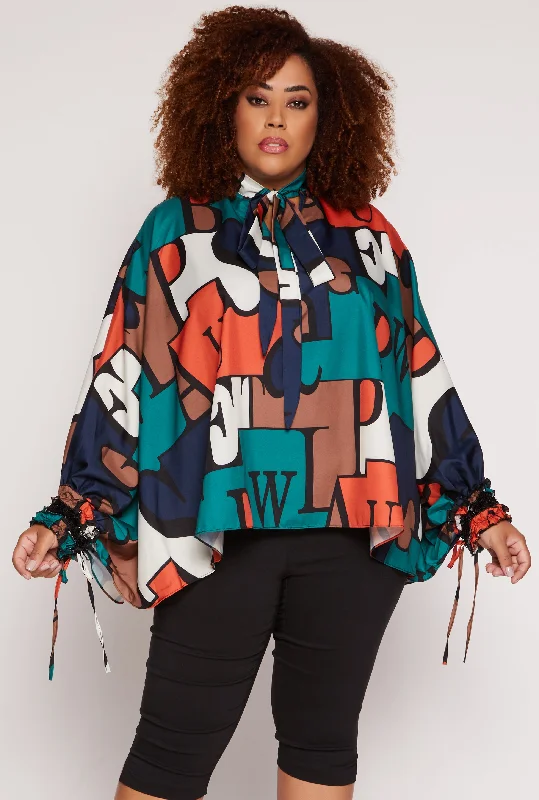 Plus Size Alphabet Print Tie Neck Blouse