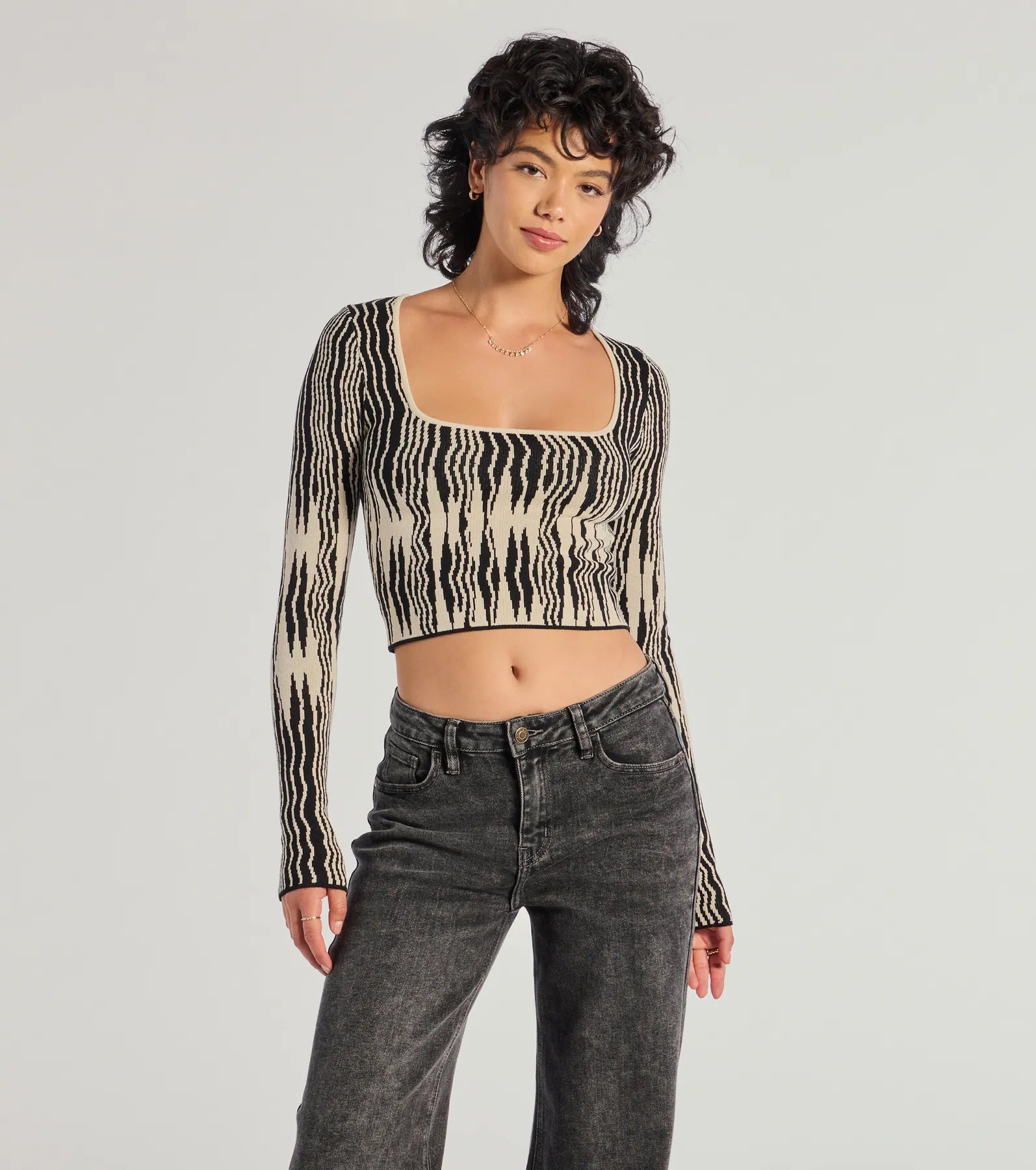 Lace - Trimmed Women Long Sleeve Top for an Elegant LookBold Chic Abstract Striped Knit Long Sleeve Top Lace - Trimmed Women Long Sleeve Top for an Elegant LookBold Chic Abstract Striped Knit Long Sleeve Top