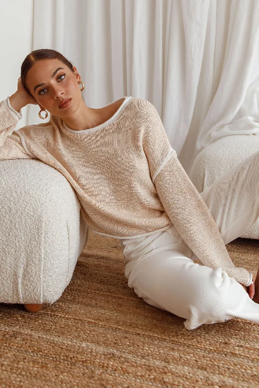 Ruffled Cuff Women Long Sleeve Top with a Feminine TouchSitting Pretty Drop Sleeve White Trim Knit Sweater Stone Ruffled Cuff Women Long Sleeve Top with a Feminine TouchSitting Pretty Drop Sleeve White Trim Knit Sweater Stone
