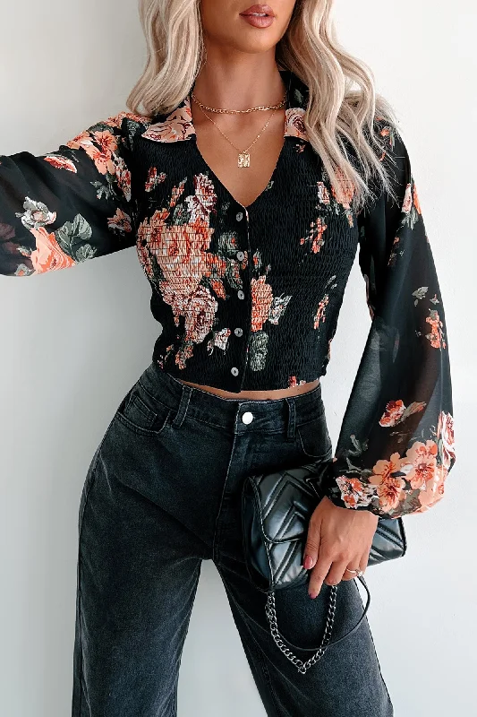 Metallic Accent Women Long Sleeve Top for a Glamorous LookFall Blooms Smocked Buttoned Floral Top (Black) Metallic Accent Women Long Sleeve Top for a Glamorous LookFall Blooms Smocked Buttoned Floral Top (Black)