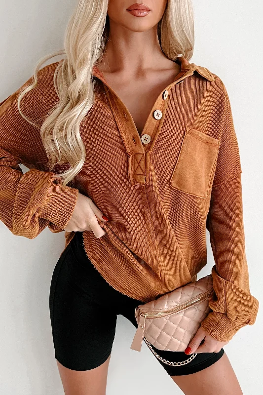 Pocket - Equipped Women Long Sleeve Top for Added FunctionalityForever Daydreaming Mineral Wash Collared Henley Top (Rust) Pocket - Equipped Women Long Sleeve Top for Added FunctionalityForever Daydreaming Mineral Wash Collared Henley Top (Rust)