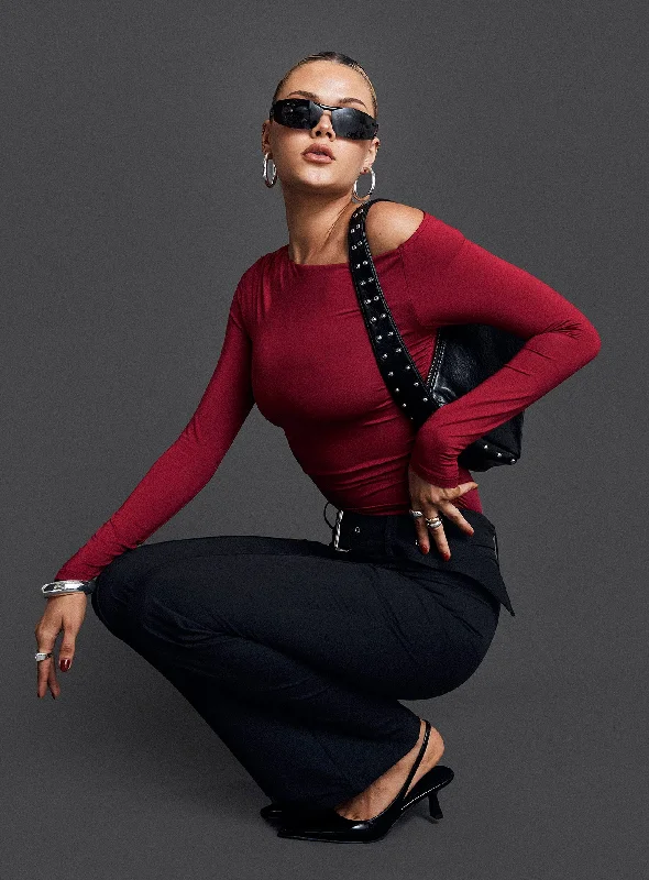 Ruffled Cuff Women Long Sleeve Top with a Feminine TouchSpiller Off The Shoulder Top Burgundy Ruffled Cuff Women Long Sleeve Top with a Feminine TouchSpiller Off The Shoulder Top Burgundy