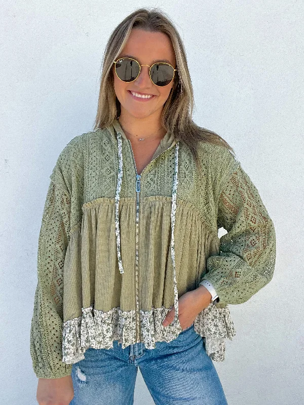 Lace - Trimmed Women Long Sleeve Top for an Elegant LookOlive Floral Eyelet Babydoll Top Lace - Trimmed Women Long Sleeve Top for an Elegant LookOlive Floral Eyelet Babydoll Top