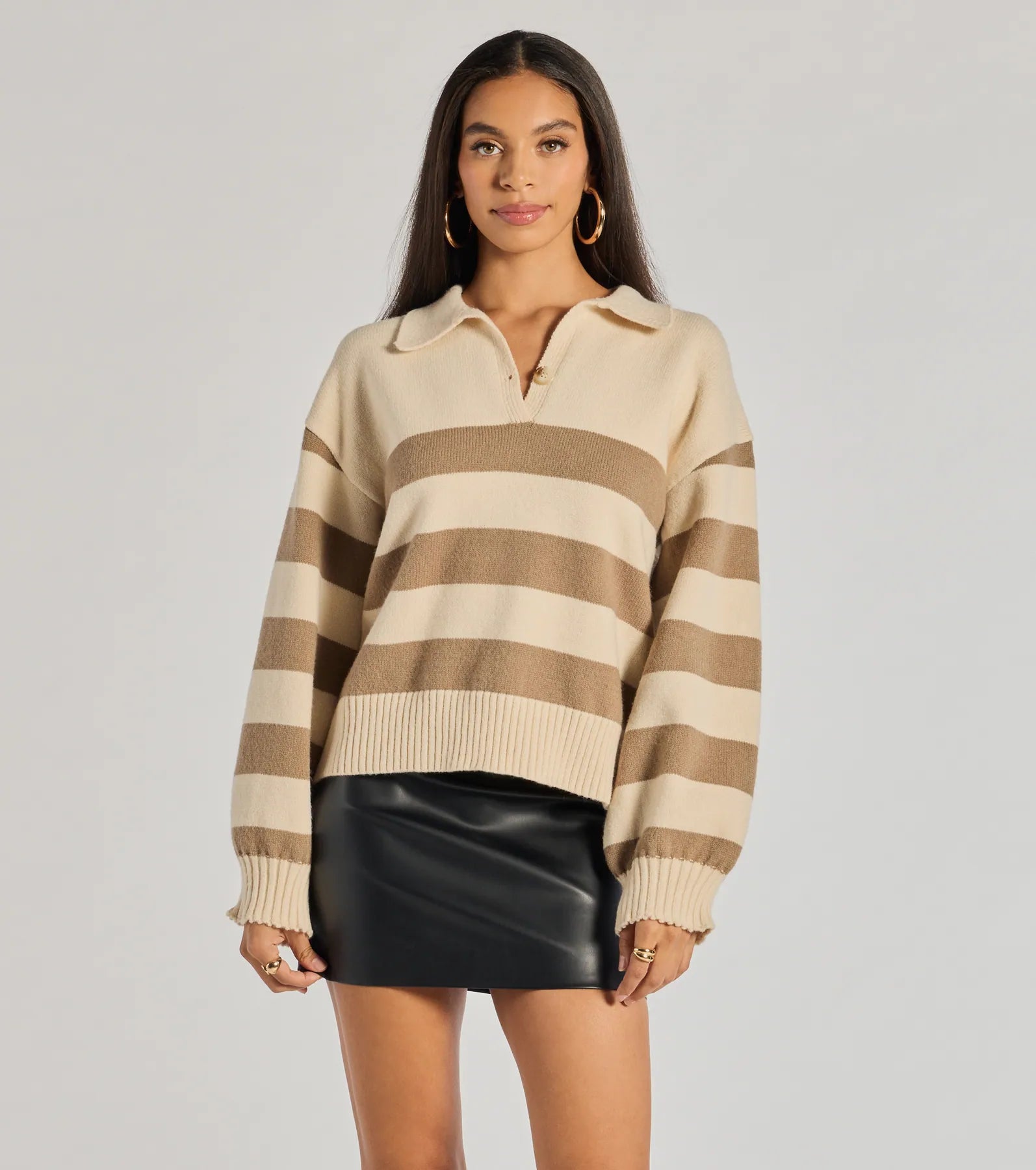 Metallic Accent Women Long Sleeve Top for a Glamorous LookStripe Sensation Collared Pullover Sweater Metallic Accent Women Long Sleeve Top for a Glamorous LookStripe Sensation Collared Pullover Sweater