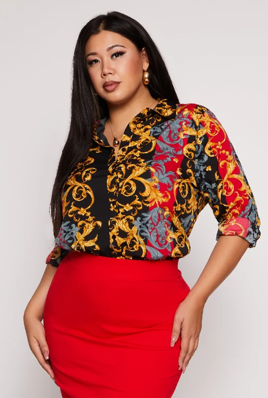 Plus Size Color Block Baroque Print Shirt