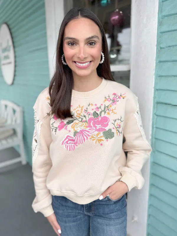 The Ryland Embroidered Lace Sleeve Sweater-Cream