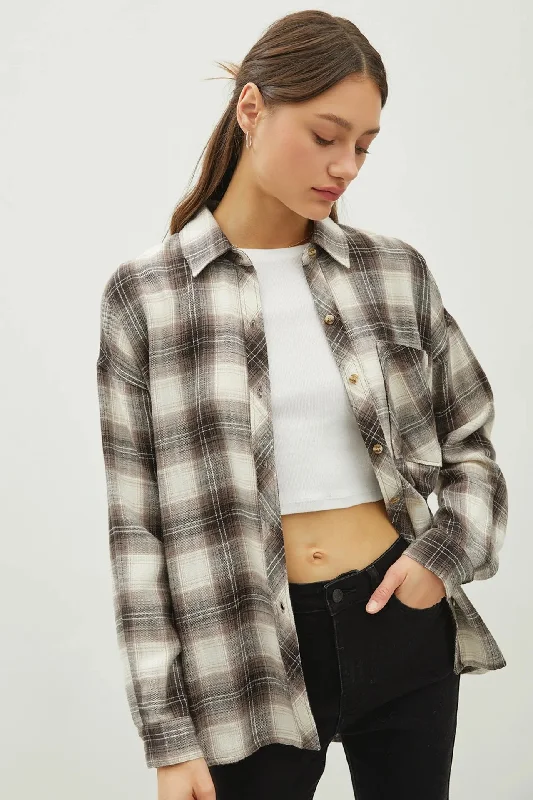 Juliette Oversize Flannel Long Sleeve Top Charcoal