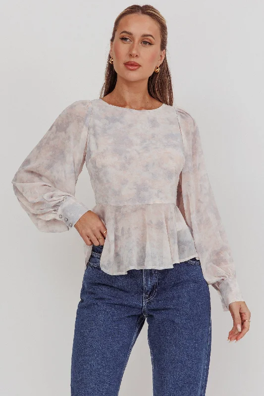 Helix Balloon Sleeves Peplum Top Dusty Blue/Peach