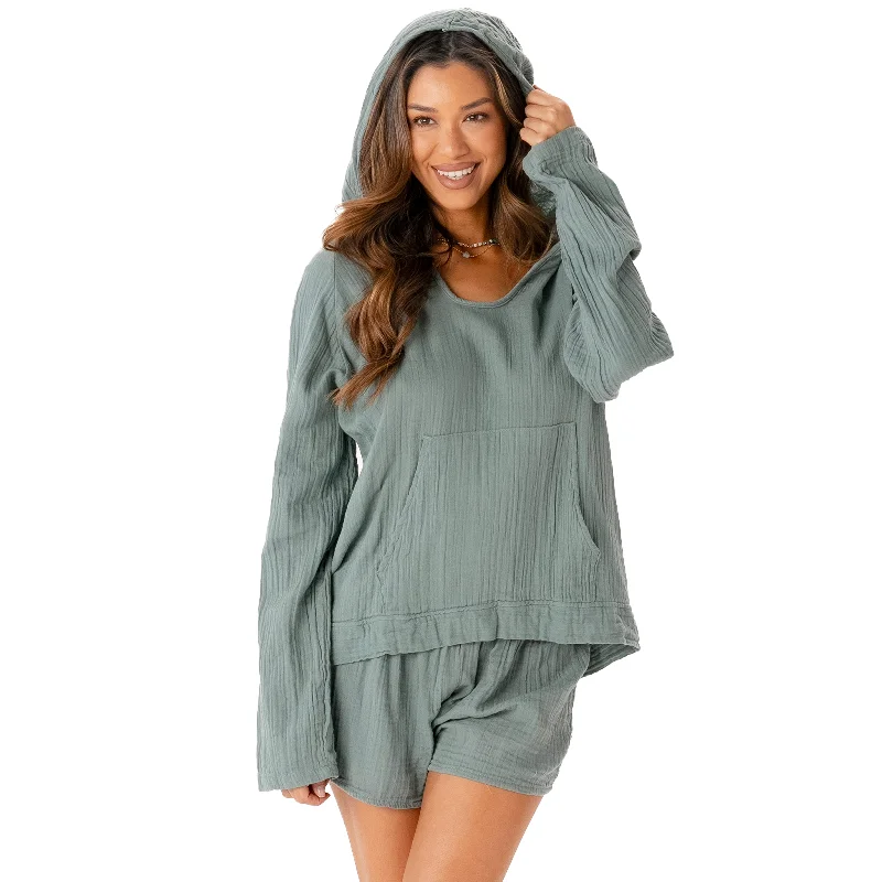Printed Graphic Women Long Sleeve Top with a Bold StatementSage Baja Pullover + Shorts Set Printed Graphic Women Long Sleeve Top with a Bold StatementSage Baja Pullover + Shorts Set