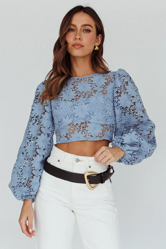 Arriana Balloon Sleeve Lace Crop Top Blue