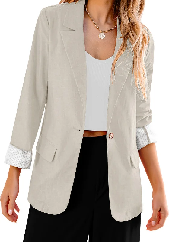 Apricot Women's Business Casual Pocket Notched Lapels Blazer Long Rolled Up Sleeve Blazer Apricot Women's Business Casual Pocket Notched Lapels Blazer Long Rolled Up Sleeve Blazer