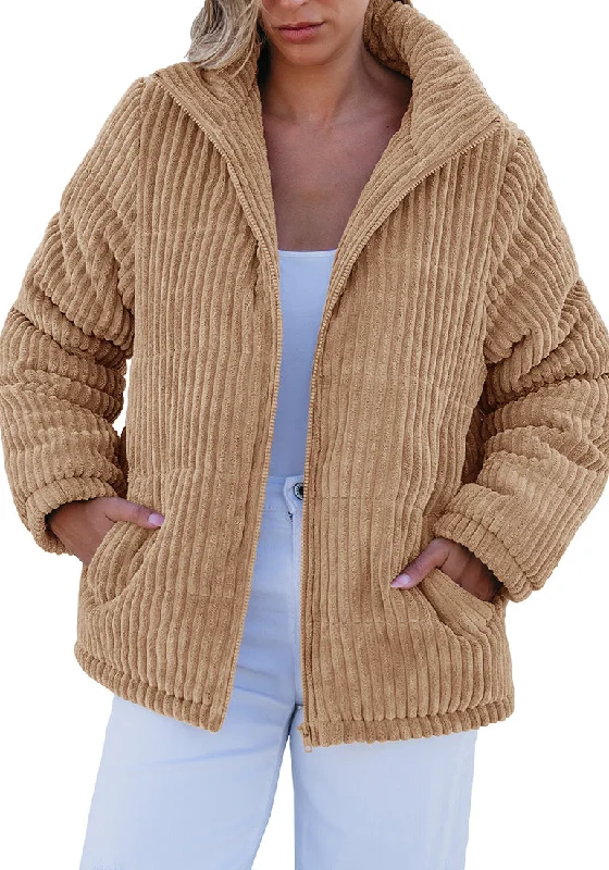 Beige Women Casual Corduroy Winter Full Front Zip Stand Neck Long Fit Moderate Jackets Beige Women Casual Corduroy Winter Full Front Zip Stand Neck Long Fit Moderate Jackets