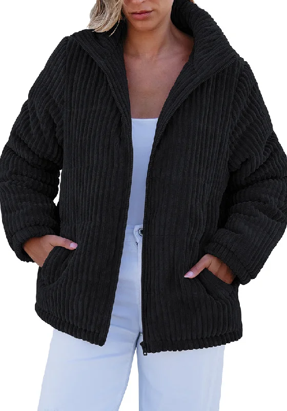 Black Women Casual Corduroy Winter Full Front Zip Stand Neck Long Fit Moderate Jackets Black Women Casual Corduroy Winter Full Front Zip Stand Neck Long Fit Moderate Jackets