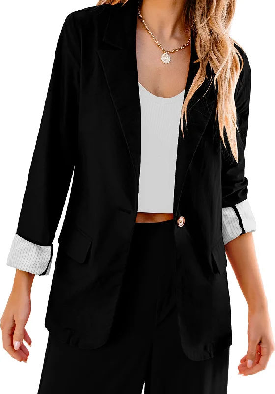 Black Women's Business Casual Pocket Notched Lapels Blazer Long Rolled Up Sleeve Blazer Black Women's Business Casual Pocket Notched Lapels Blazer Long Rolled Up Sleeve Blazer
