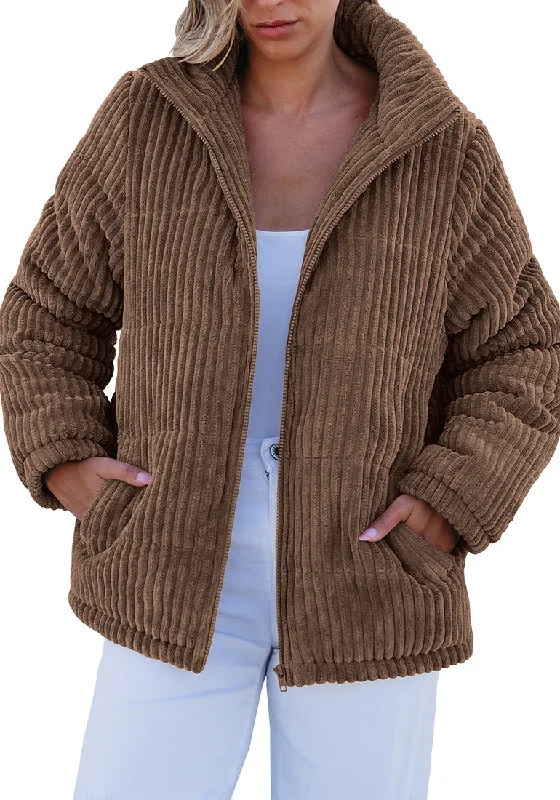 Brown Women Casual Corduroy Winter Full Front Zip Stand Neck Long Fit Moderate Jackets Brown Women Casual Corduroy Winter Full Front Zip Stand Neck Long Fit Moderate Jackets