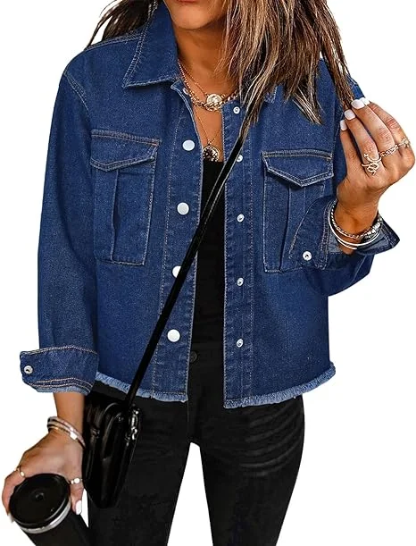 Classic Blue Women's Denim Collared Jacket With Flap Pocket Button UP Raw Hem Detail Long Sleeve Jean Jackets Classic Blue Women's Denim Collared Jacket With Flap Pocket Button UP Raw Hem Detail Long Sleeve Jean Jackets