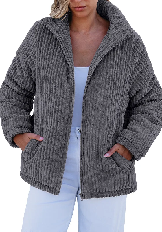 Dark Gray Women Casual Corduroy Winter Full Front Zip Stand Neck Long Fit Moderate Jackets Dark Gray Women Casual Corduroy Winter Full Front Zip Stand Neck Long Fit Moderate Jackets