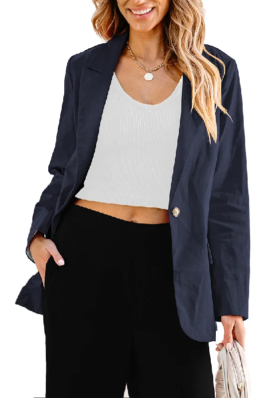 Navy Blue Women's Business Casual Pocket Notched Lapels Blazer Long Rolled Up Sleeve Blazer Navy Blue Women's Business Casual Pocket Notched Lapels Blazer Long Rolled Up Sleeve Blazer