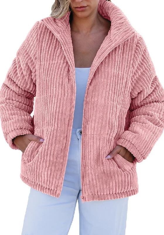 Pink Women Casual Corduroy Winter Full Front Zip Stand Neck Long Fit Moderate Jackets Pink Women Casual Corduroy Winter Full Front Zip Stand Neck Long Fit Moderate Jackets