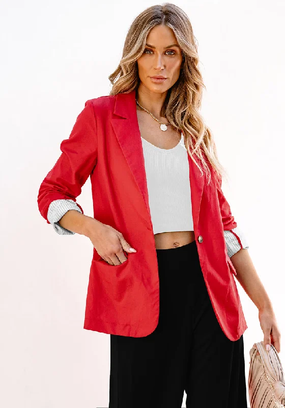 Red Women's Business Casual Pocket Notched Lapels Blazer Long Rolled Up Sleeve Blazer Red Women's Business Casual Pocket Notched Lapels Blazer Long Rolled Up Sleeve Blazer