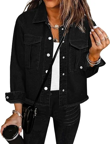 Washed Black Women's Denim Collared Jacket With Flap Pocket Button UP Raw Hem Detail Long Sleeve Jean Jackets Washed Black Women's Denim Collared Jacket With Flap Pocket Button UP Raw Hem Detail Long Sleeve Jean Jackets
