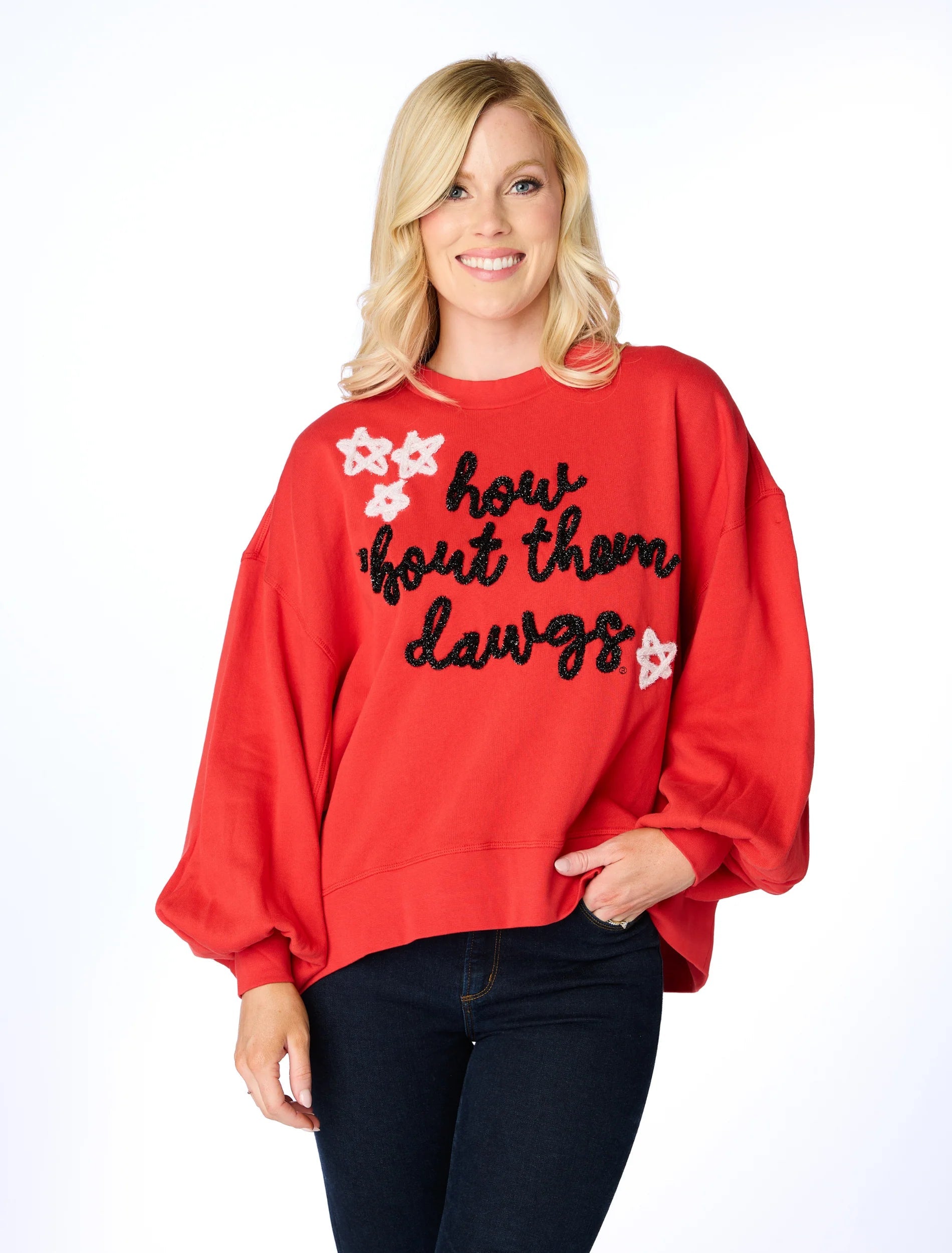Split - Hem Women's Linen Blend Sweaters for SpringStewart Simmons The How Bout Them Dawgs Glitter Script Balloon Pullover Split - Hem Women's Linen Blend Sweaters for SpringStewart Simmons The How Bout Them Dawgs Glitter Script Balloon Pullover